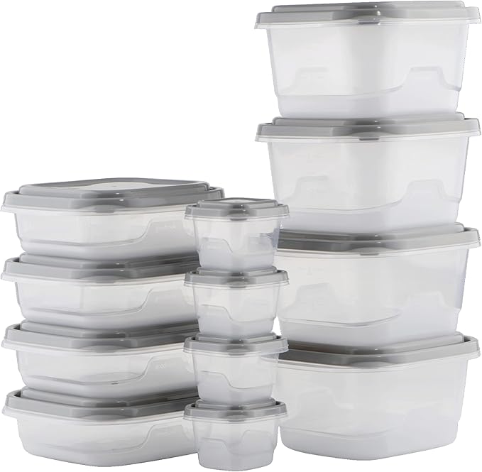 24-Piece BPA-Free Plastic Food Storage Containers with Lids (Set of 12), Clear/Grey