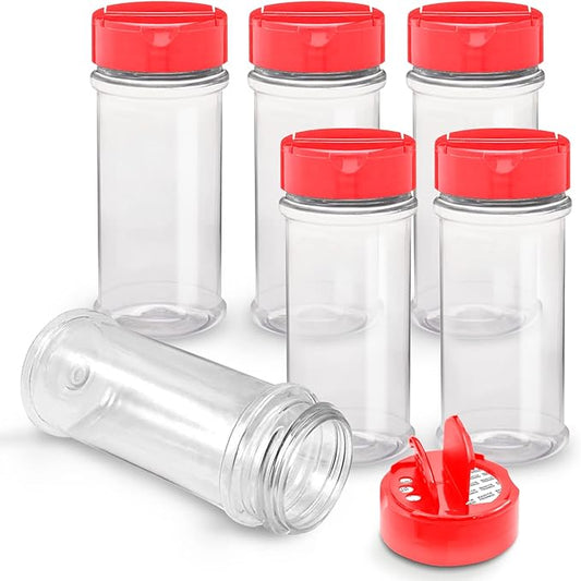 6 PACK - 5.5 Oz with Red Cap - Plastic Spice Jars Bottles Containers, Perfect for Storing Spice, Herbs and Powders, Lined Cap - Safe Plastic