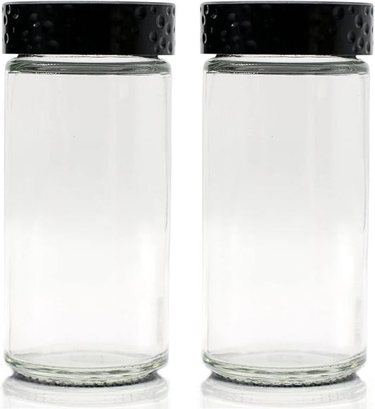 2 Pcs Black Spice Jars, 3 oz Glass Seasoning Bottles, Spices Container, Empty Spice Jars, Round Spice Bottles with Airtight Plastic Caps with Shaker Lids (2, clear)