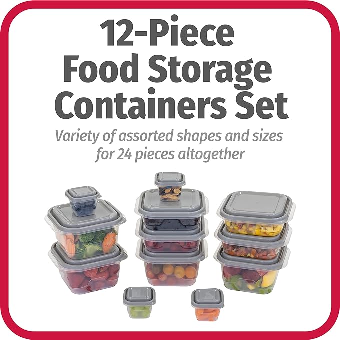 24-Piece BPA-Free Plastic Food Storage Containers with Lids (Set of 12), Clear/Grey