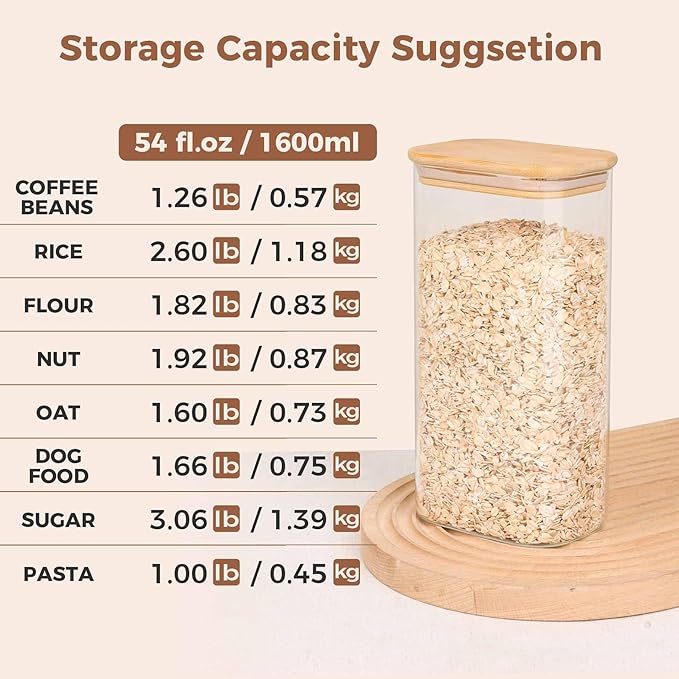 54oz Rectangle Glass Storage Containers with Lids, Glass Jars with Bamboo Lids, Clear Food Storage Jar, Sugar Coffee Containers, Pantry Storage Container for Pasta Rice Flour Oats Nuts Tea