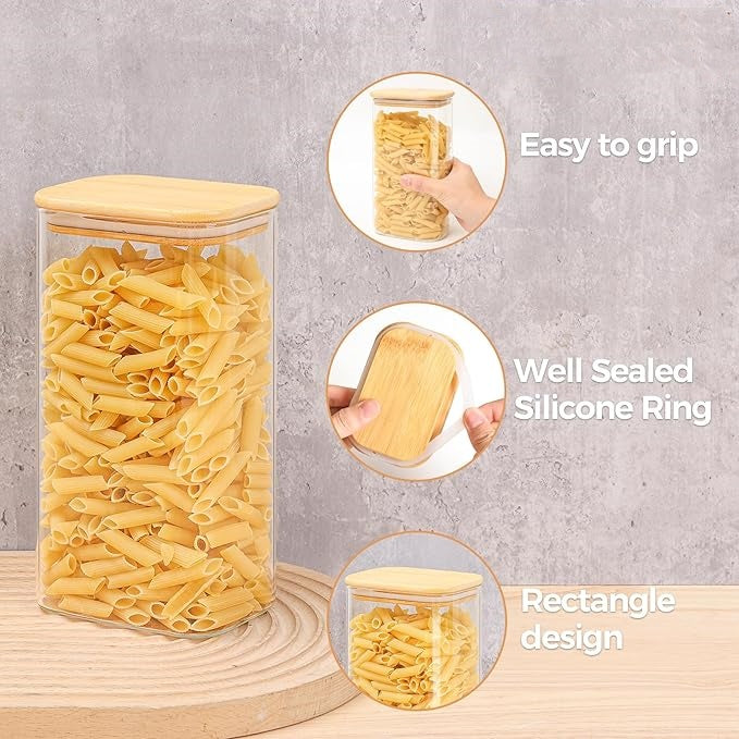 54oz Rectangle Glass Storage Containers with Lids, Glass Jars with Bamboo Lids, Clear Food Storage Jar, Sugar Coffee Containers, Pantry Storage Container for Pasta Rice Flour Oats Nuts Tea