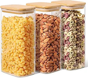 54oz Rectangle Glass Storage Containers with Lids, Glass Jars with Bamboo Lids, Clear Food Storage Jar, Sugar Coffee Containers, Pantry Storage Container for Pasta Rice Flour Oats Nuts Tea